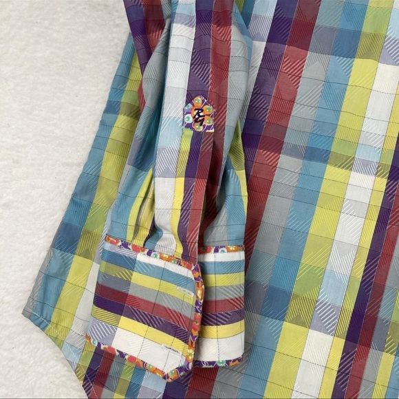 Robert Graham Shirt Mens XL Floral Orange Gingham Multicolored Flip Cuff Button - Picture 9 of 12